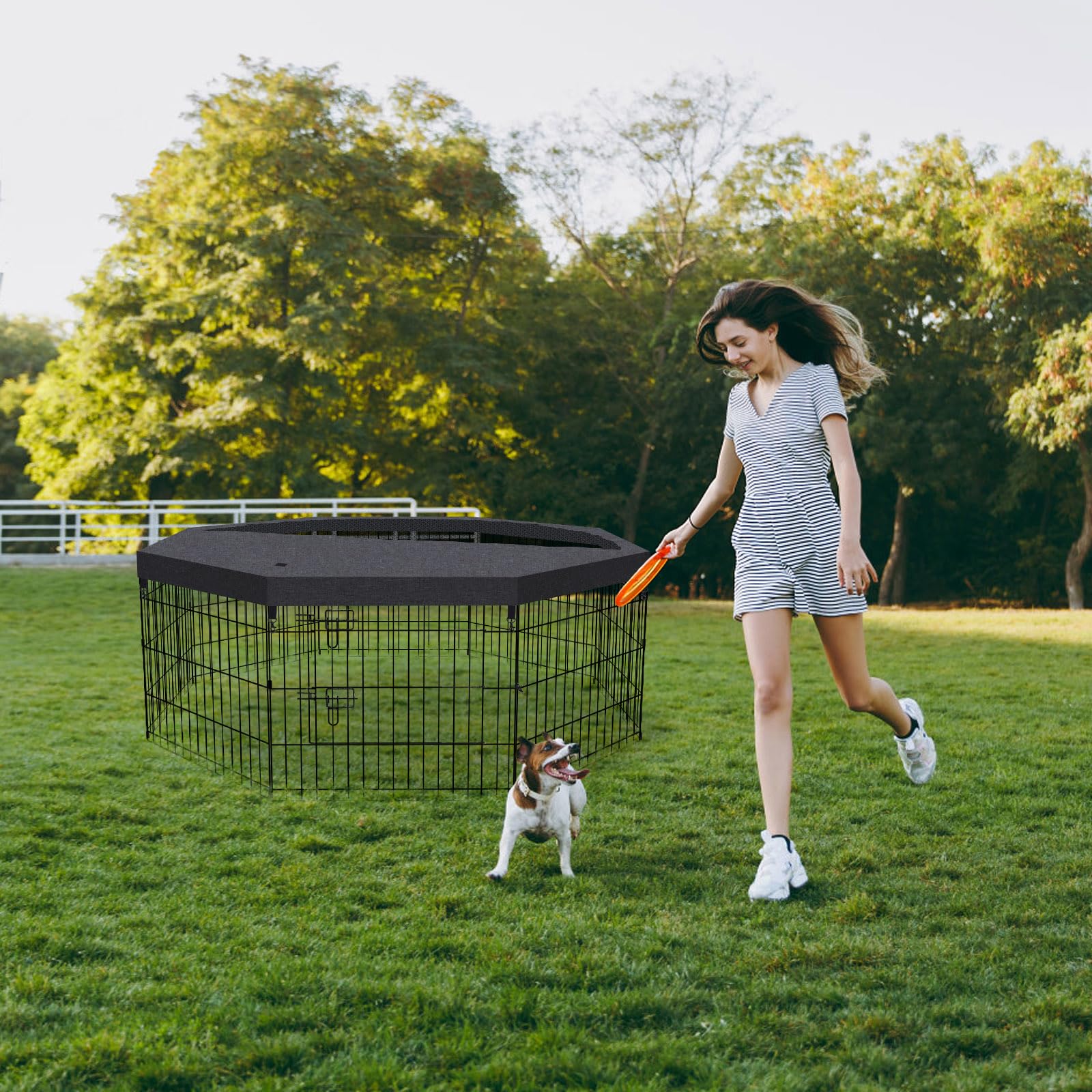 Peekaboo dog pen ground-stakes keep the enclosure steady