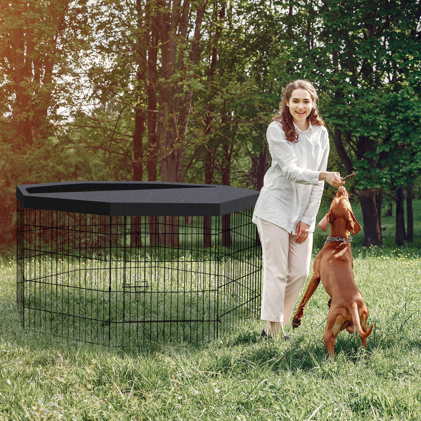 Peekaboo dog pen ground stakes secure the enclosure on outdoor surfaces.