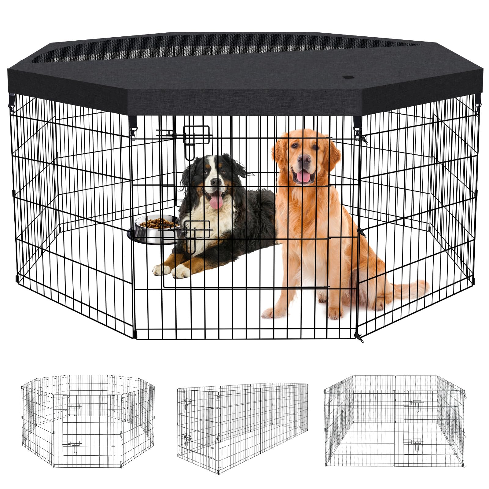 Peekaboo dog pen top cover in black provides weather protection for outdoor play.