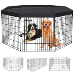 Peekaboo dog pen top cover in black provides weather protection for outdoor play.