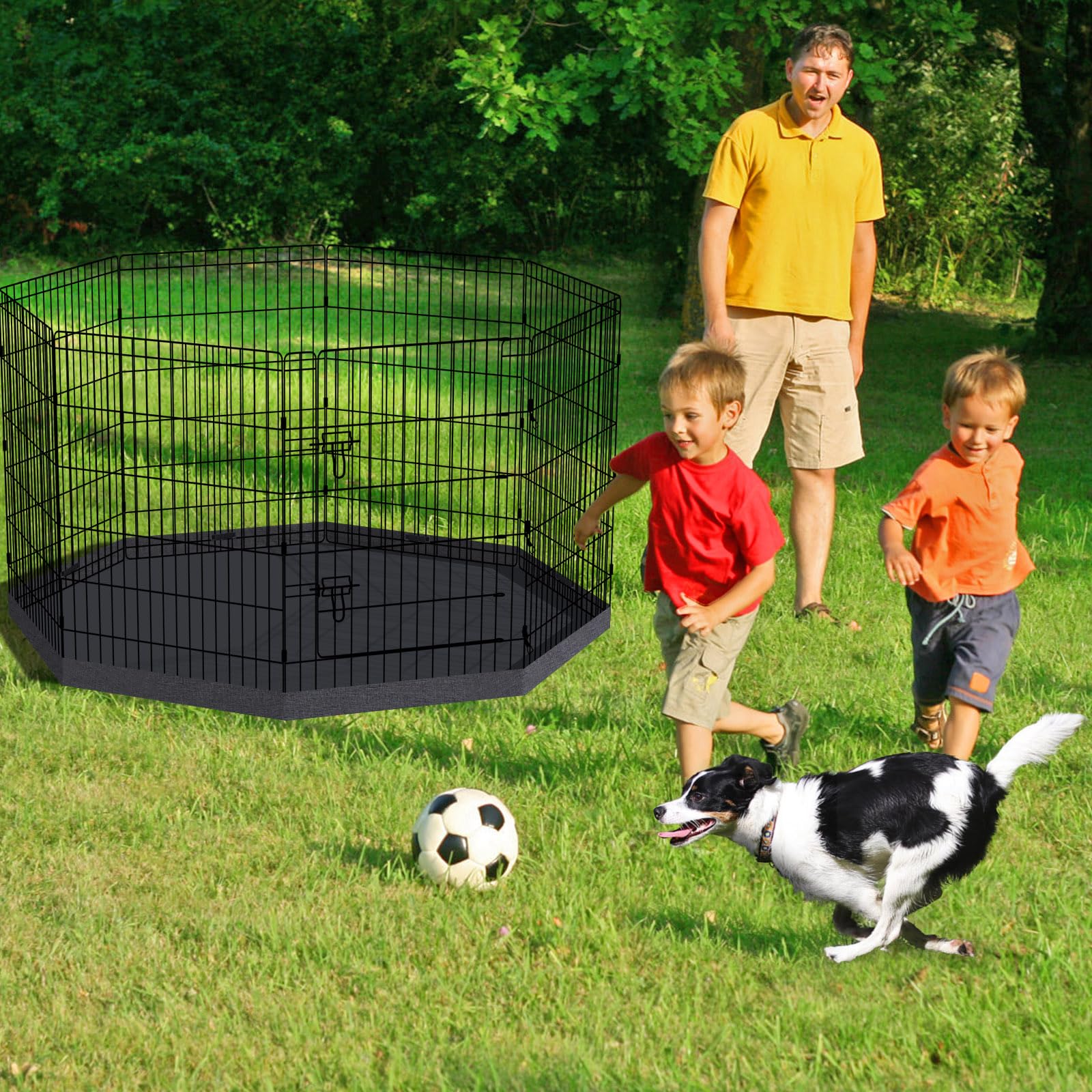 Peekaboo dog pen top cover provides weather protection and tidy containment.