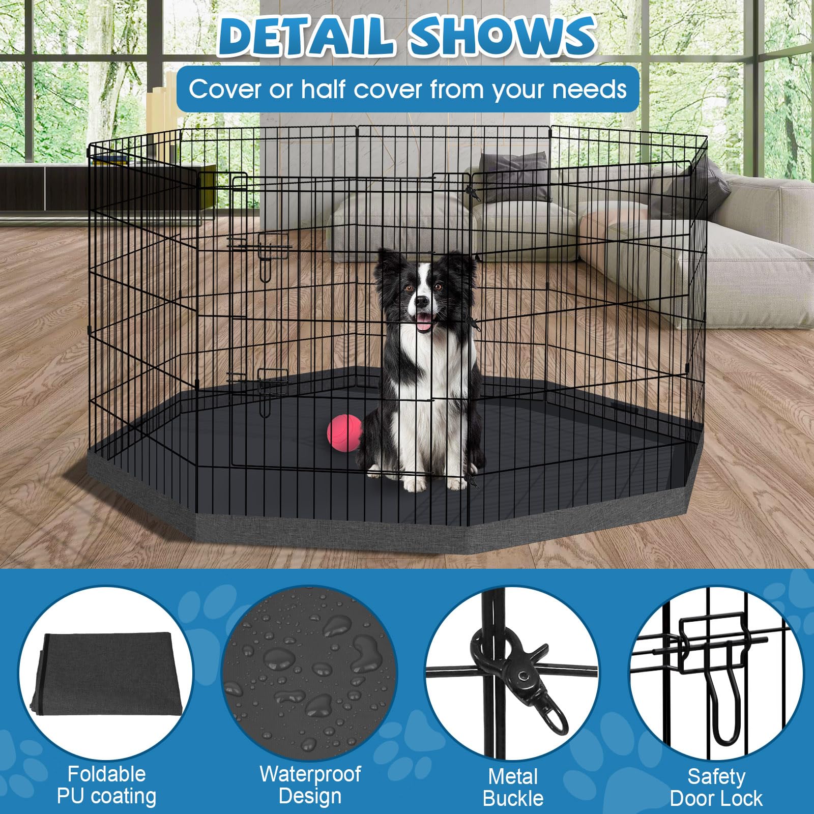 Peekaboo dog pen top cover included shields pets from sun and rain.