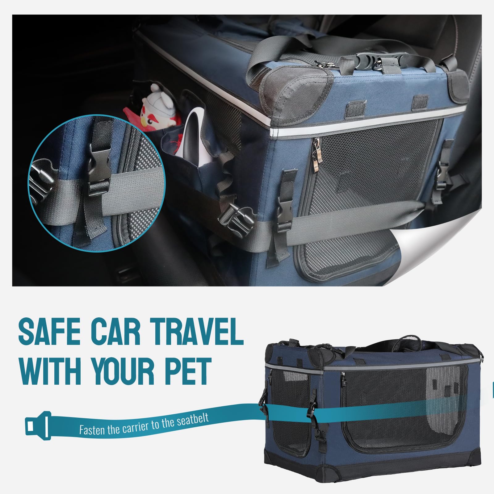 PEGIC 24-inch foldable cat carrier car-secure design includes seatbelts for backseat safety.