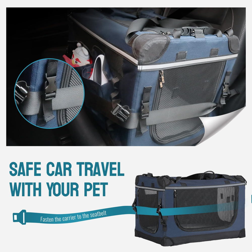 PEGIC 24-inch foldable cat carrier car-secure design includes seatbelts for backseat safety.