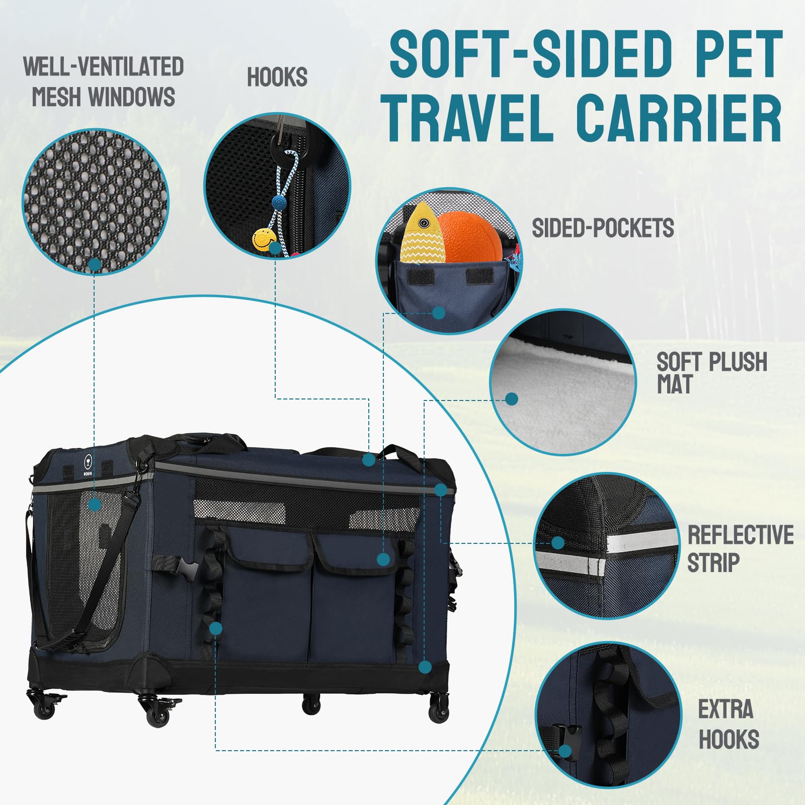 PEGIC 24-inch foldable cat carrier ventilation mesh ensures airflow from all sides.