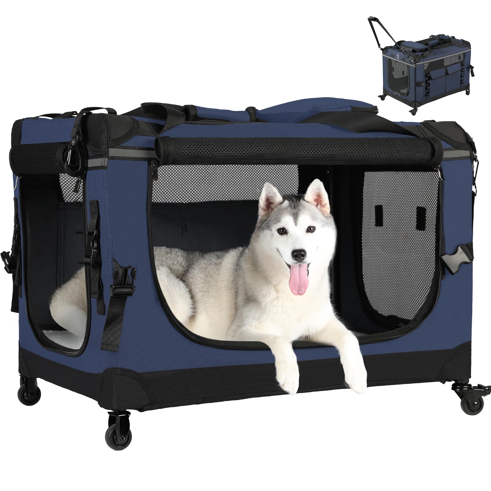 PEGIC 30in soft collapsible dog crate with wheels enables easy rolling during travel and vet visits