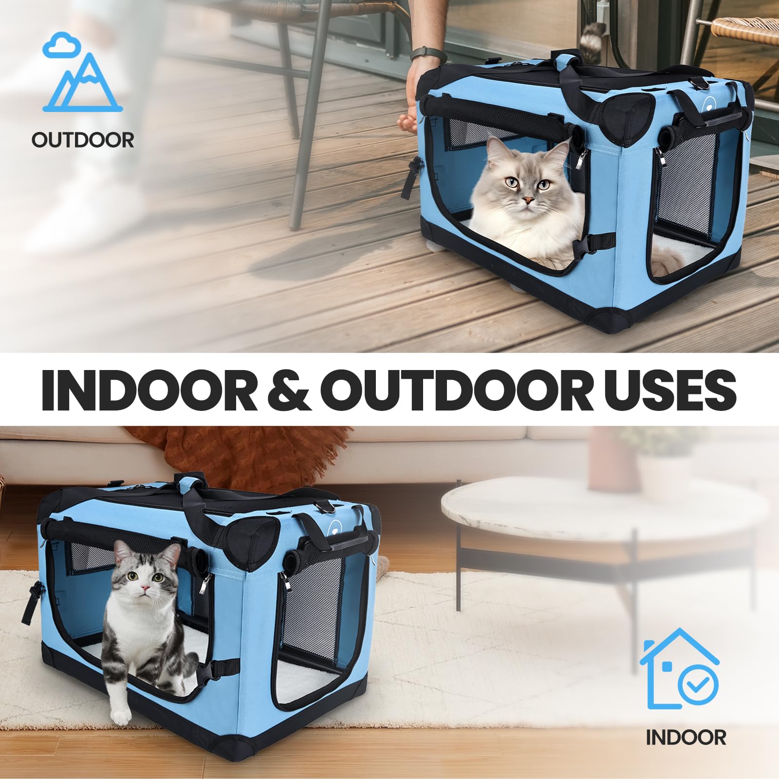 Indoor and outdoor versatility of PEGIC teal cat carrier for versatility