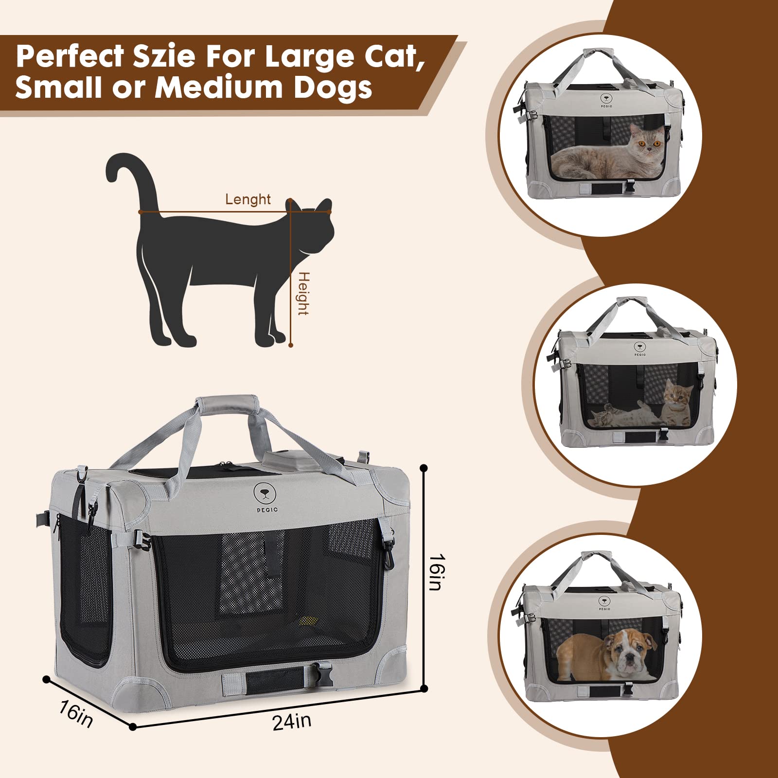 PEGIC extra large cat carrier spacious interior supports two cats or a medium dog