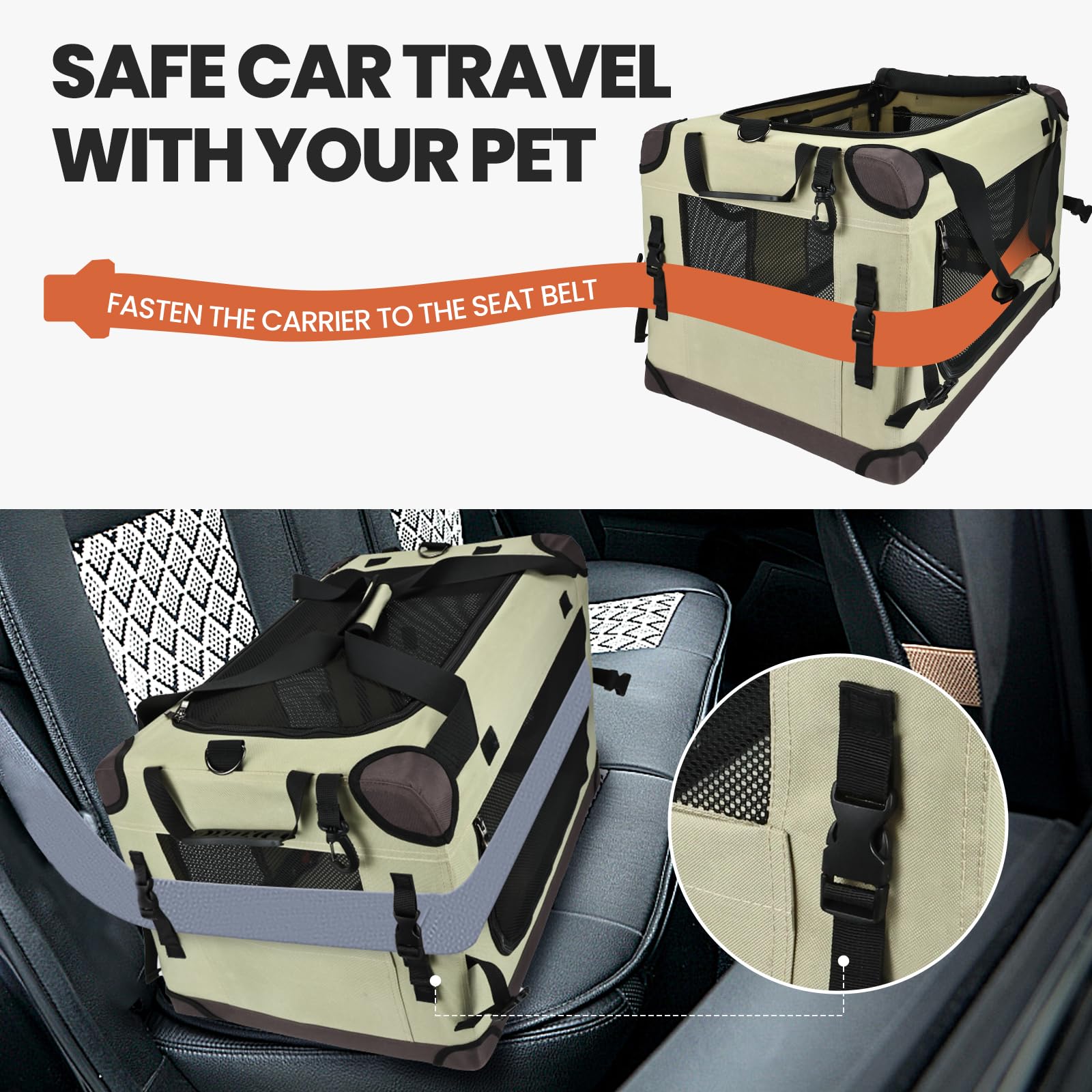 PEGIC carrier features seat belt straps for safer car rides.