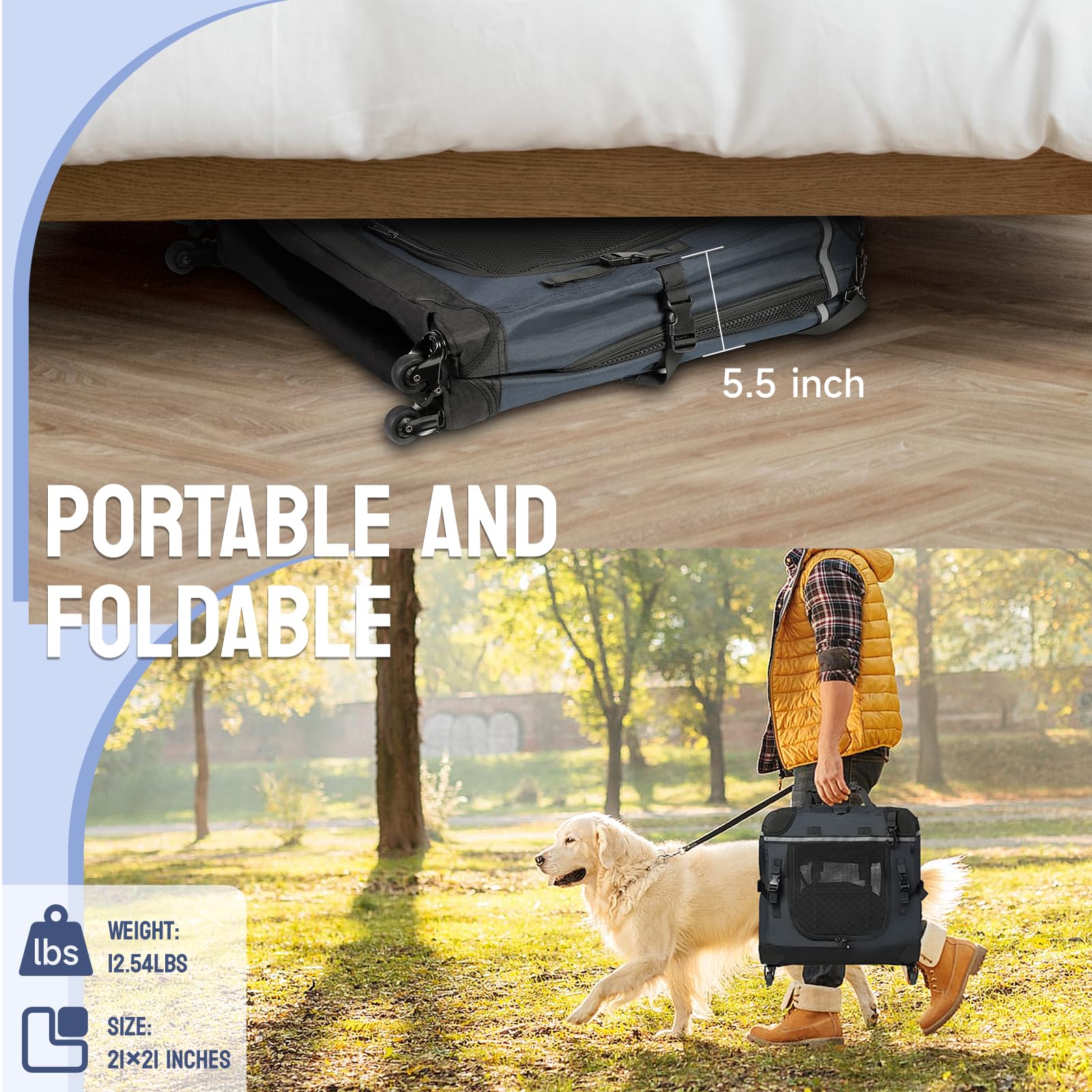 PEGIC secure travel crate includes seat belt straps and reflective strips for safe night transport