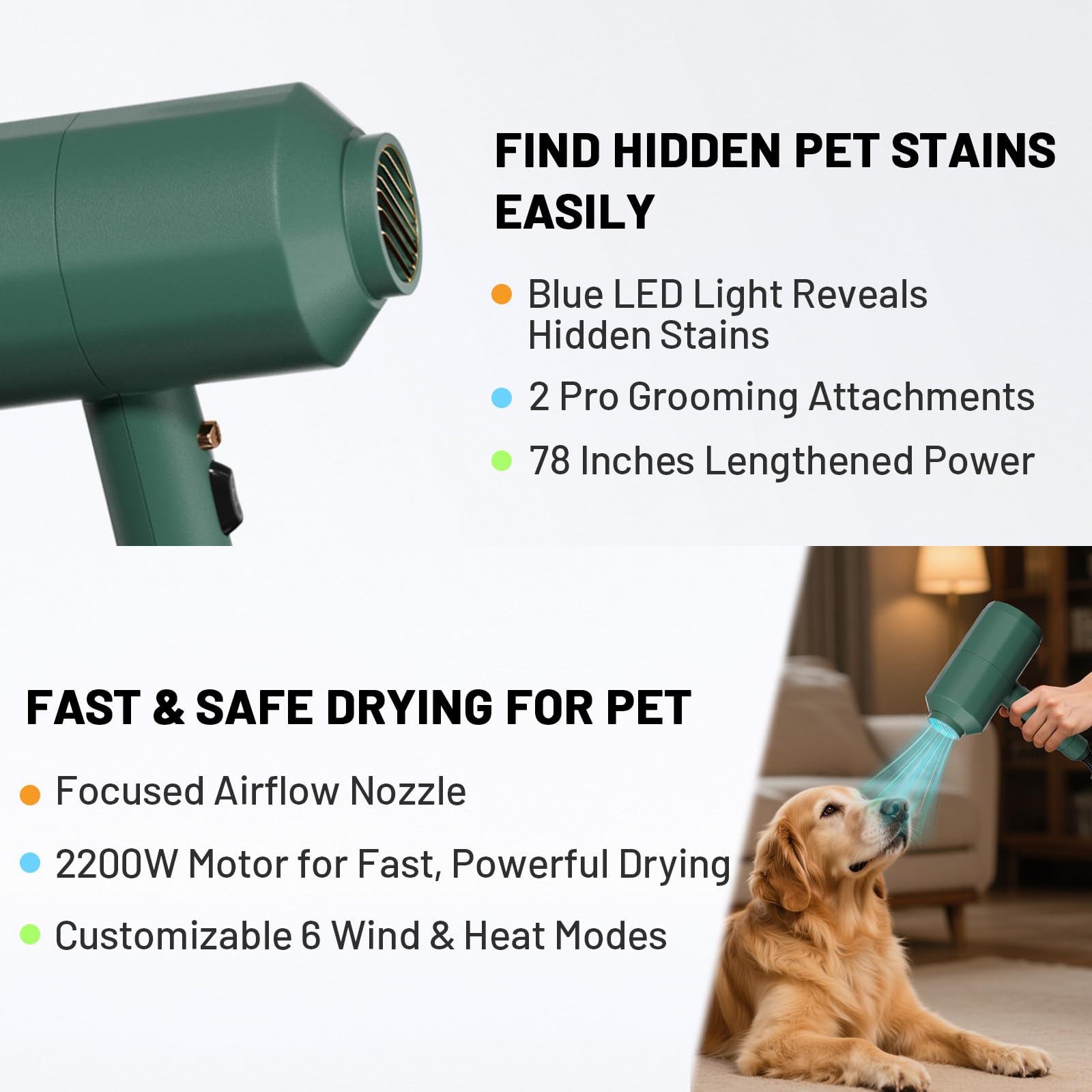 Pehum double-force grooming dryer side view with ergonomic grip for comfortable long sessions