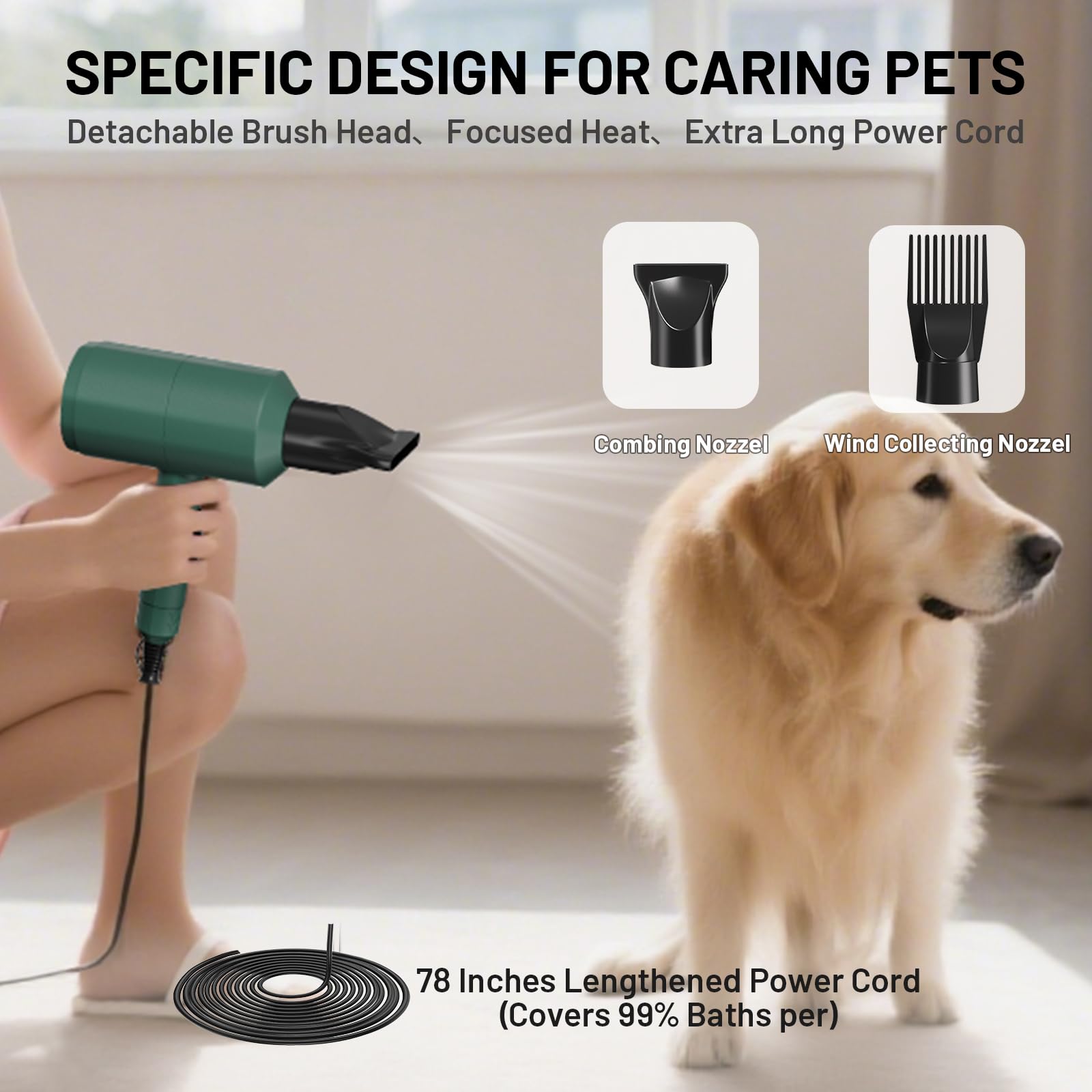 Pehum pet-safe temp range 86–131°F supports skin-friendly drying