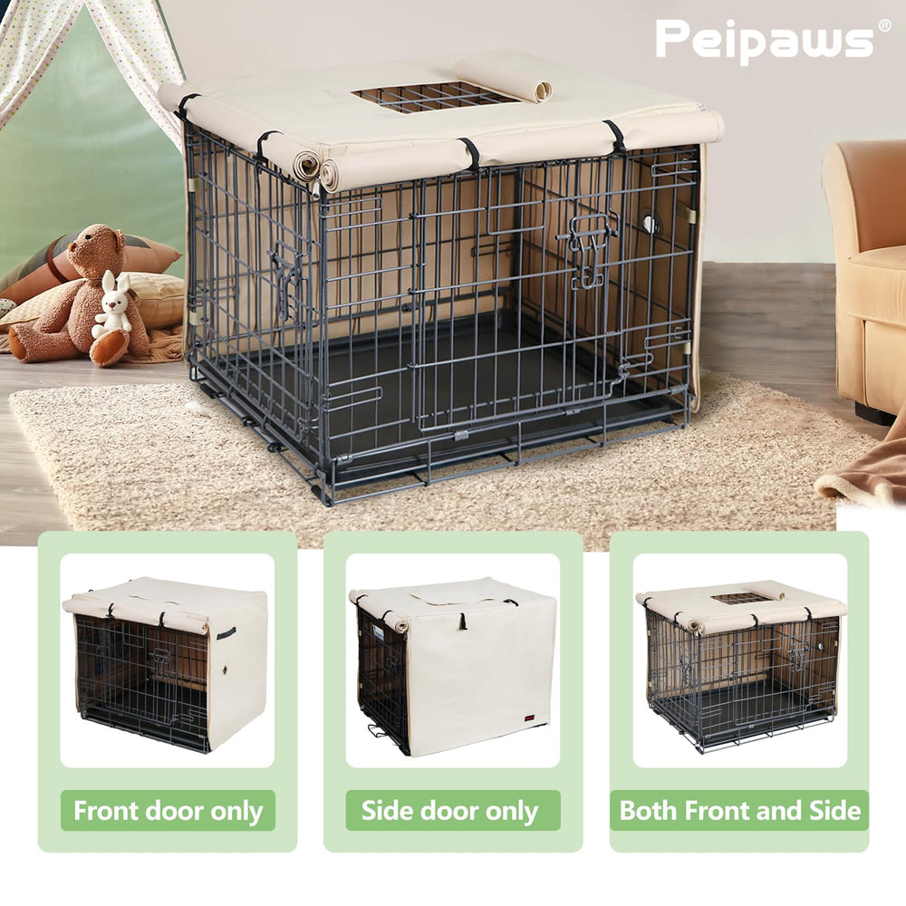 Peipaws dog crate cover privacy and airflow via roll-up flaps.