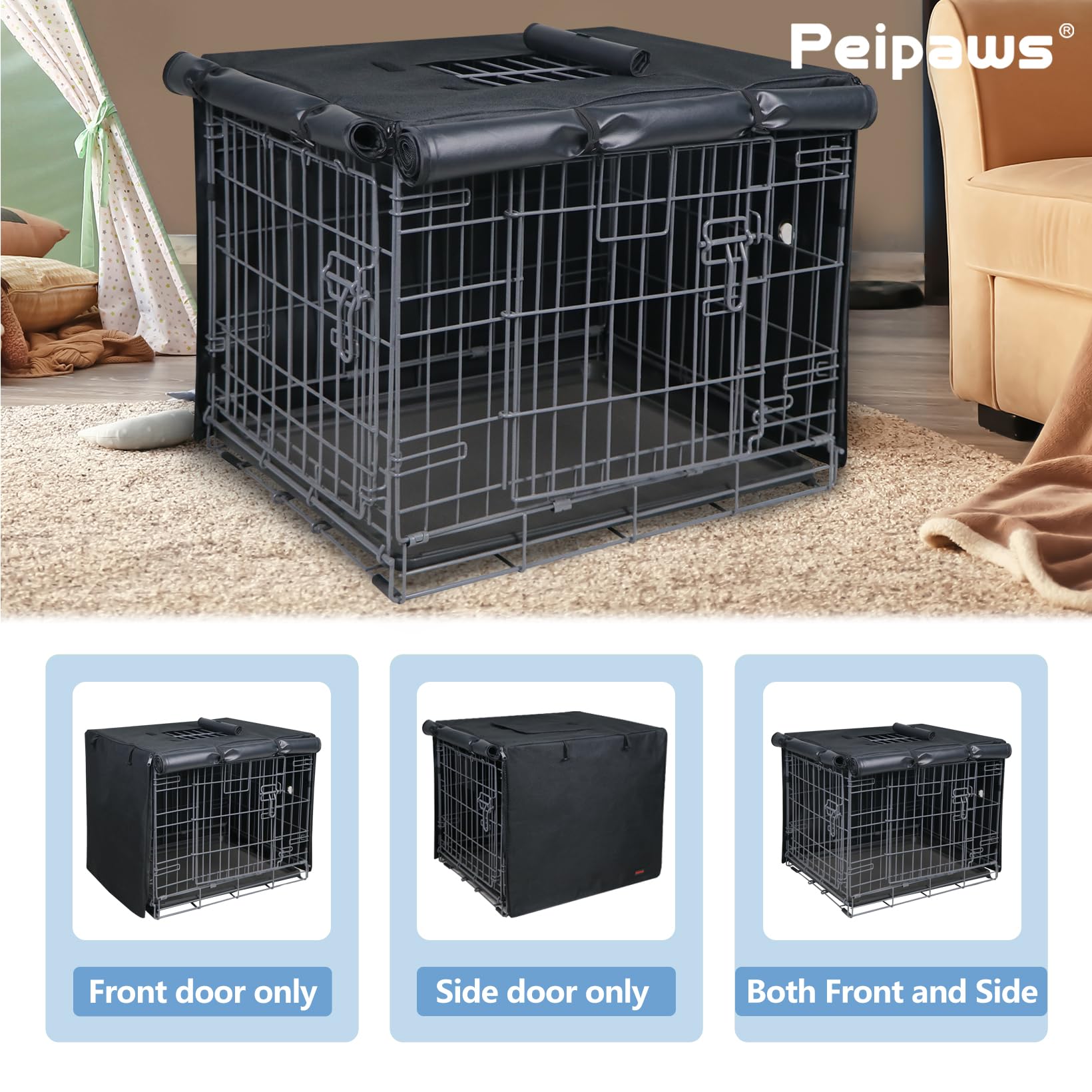 Peipaws kennel cover demonstrates top ventilation window and roll-up flaps for airflow.