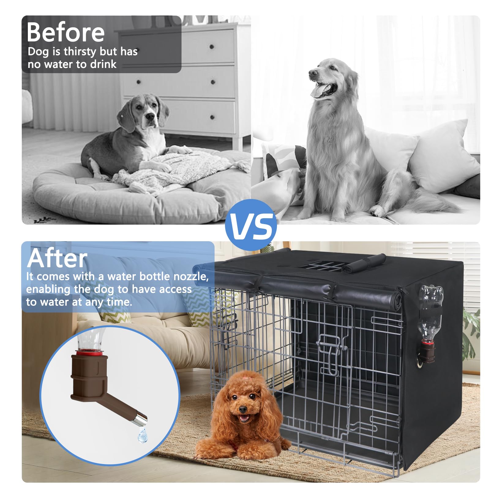 Peipaws kennel cover shows water bottle nozzle for easy hydration during travel.