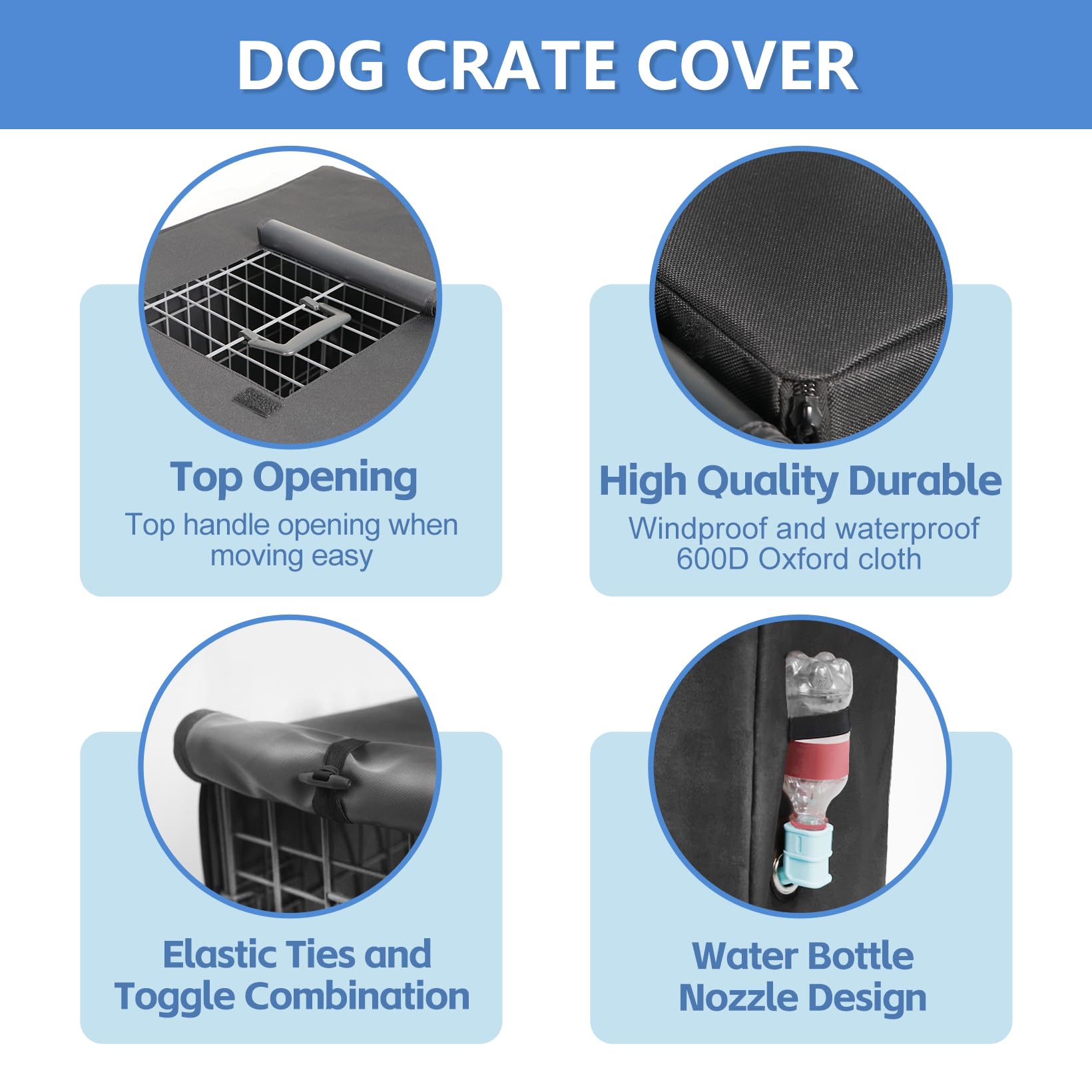 Peipaws dog crate cover highlights 600D Oxford waterproof fabric for durability.