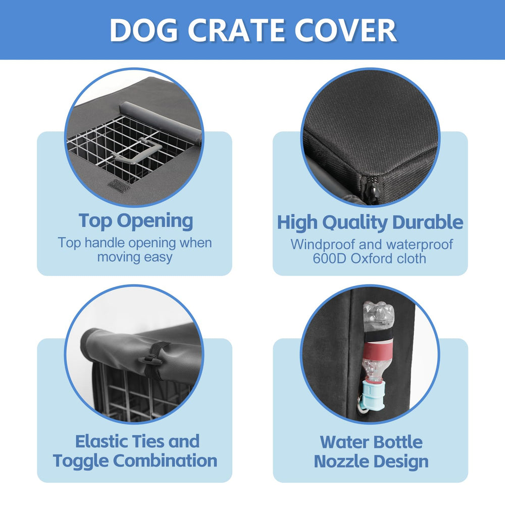 Peipaws dog crate cover highlights 600D Oxford waterproof fabric for durability.