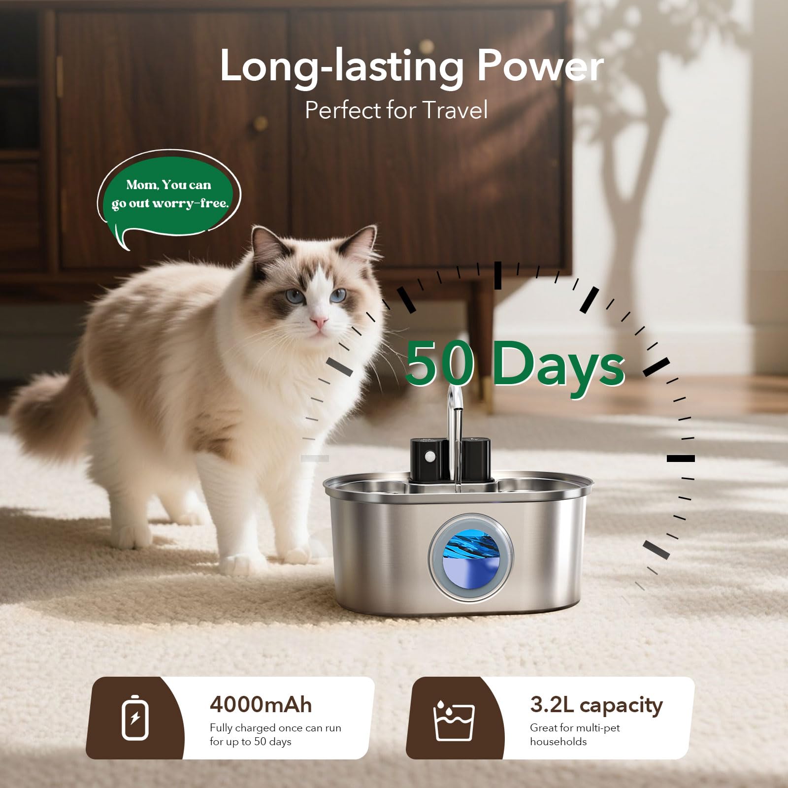PEKTACO cat water fountain multi-cat friendly with continuous flow support.