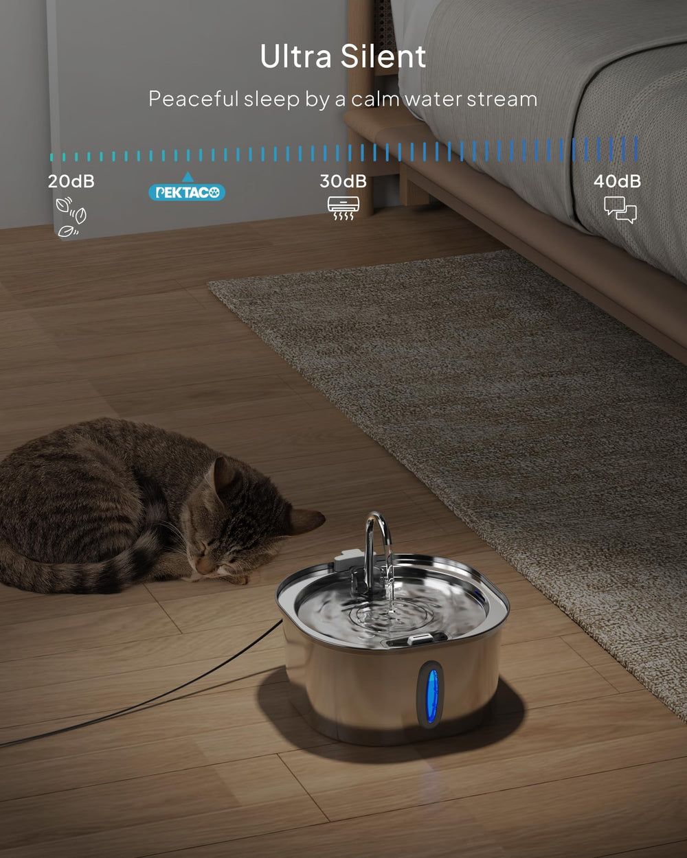 PEKTACO ultra-quiet-pump emphasizes whisper-quiet operation for bedrooms and study spaces.