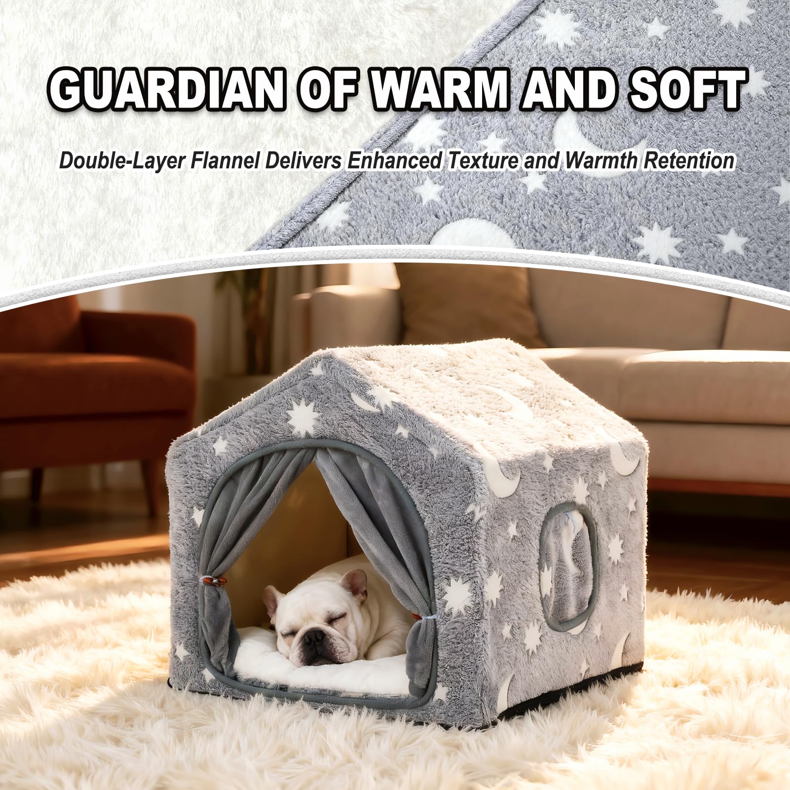 Pelemee dog cave bed with reversible cushion for year-round comfort.