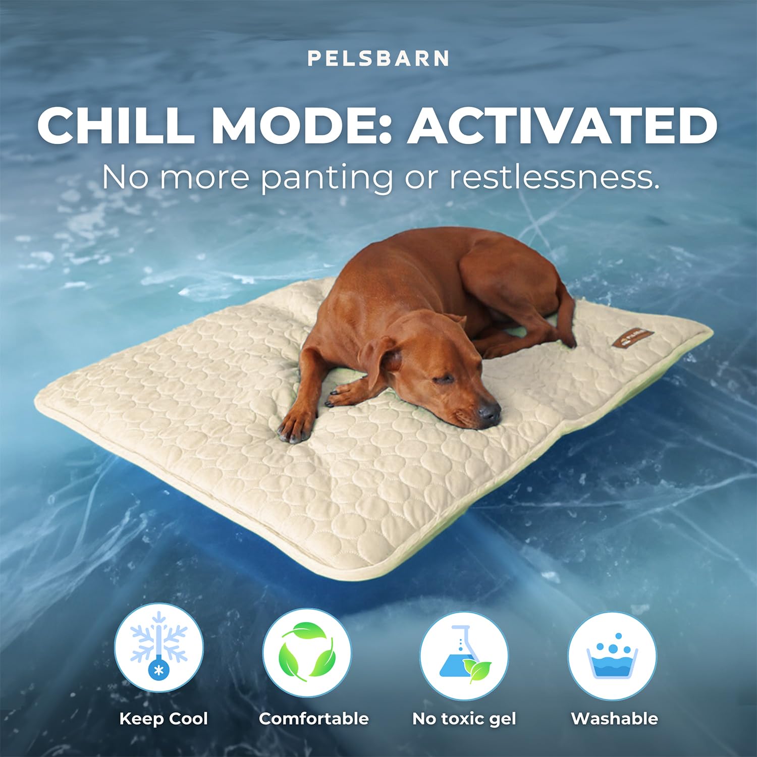 Pelsbarn Ice Silk cooling mat beige with anti-slip base on slick floors
