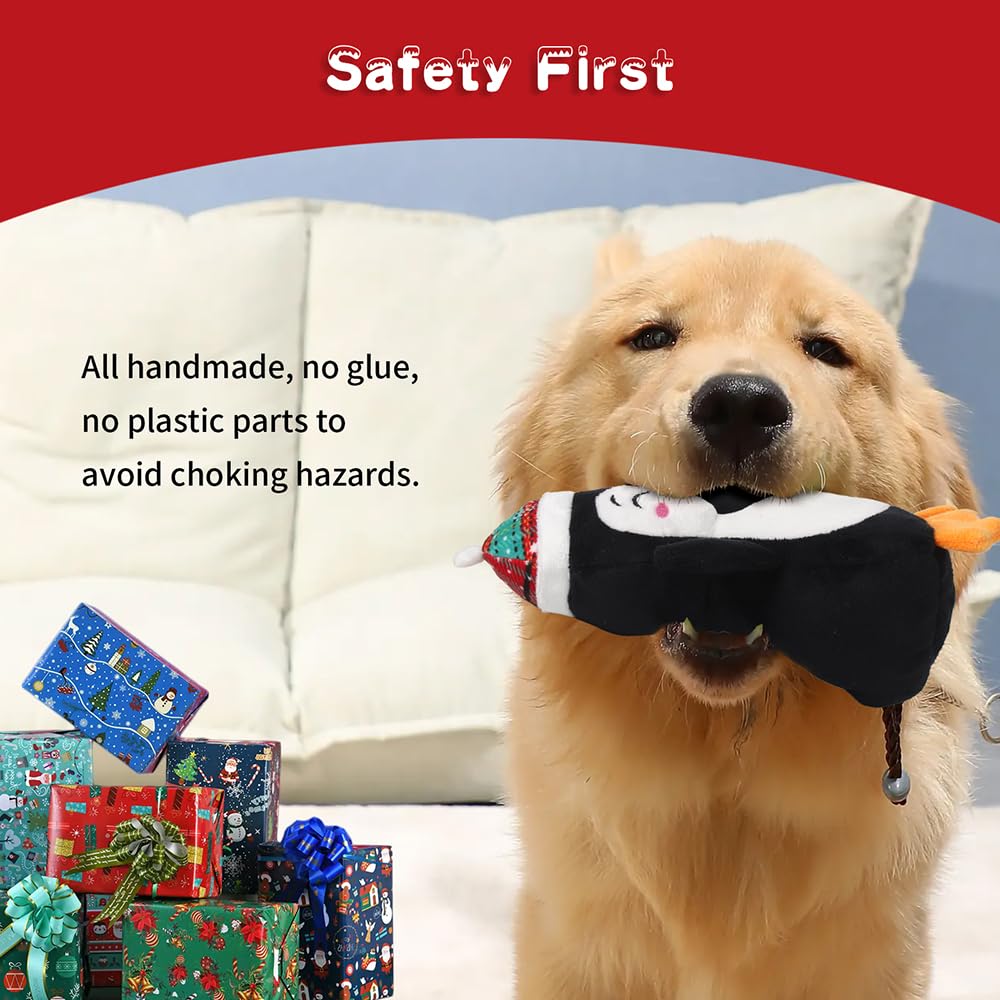 PELTEFLU Christmas dog toy penguin squeaker boosts playful fetch and mouth engagement.