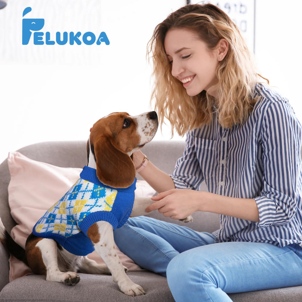 PELUKOA dog sweater argyle pattern adds retro charm and warmth.