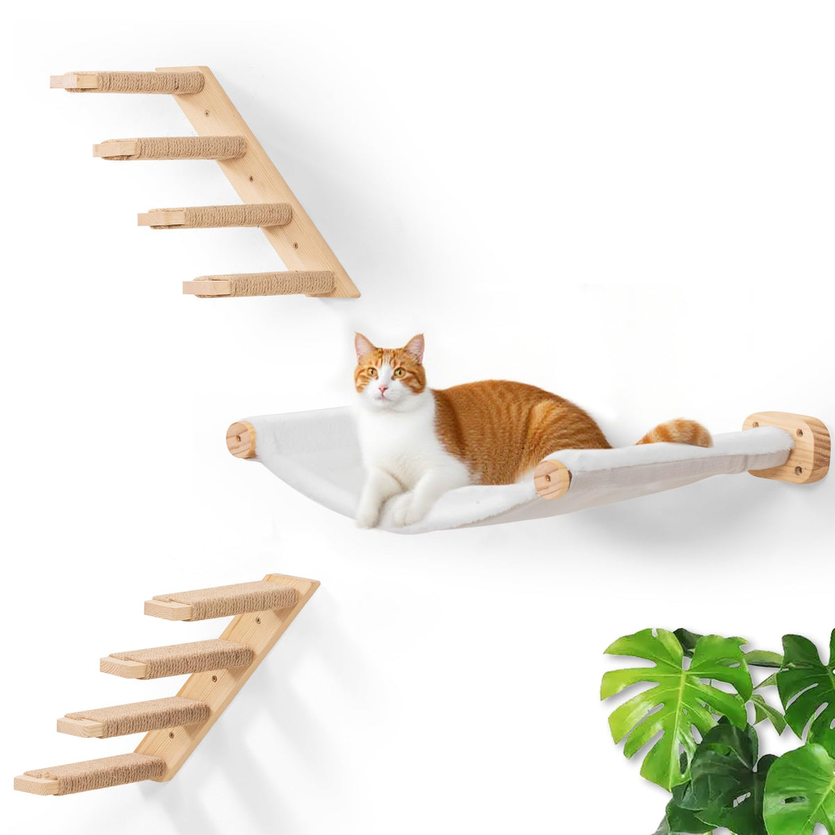 PELUMOZ cat wall hammock set—complete three-piece system for elevated play and rest.