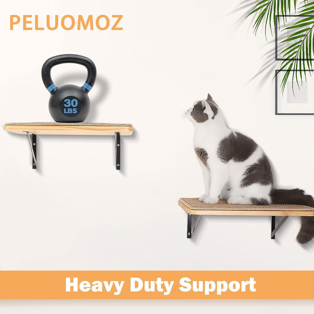 PELUMOZ cat wall shelves materials closeup highlights natural pine and scratch surface for cats.