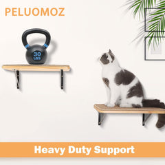 PELUMOZ cat wall shelves materials closeup highlights natural pine and scratch surface for cats.