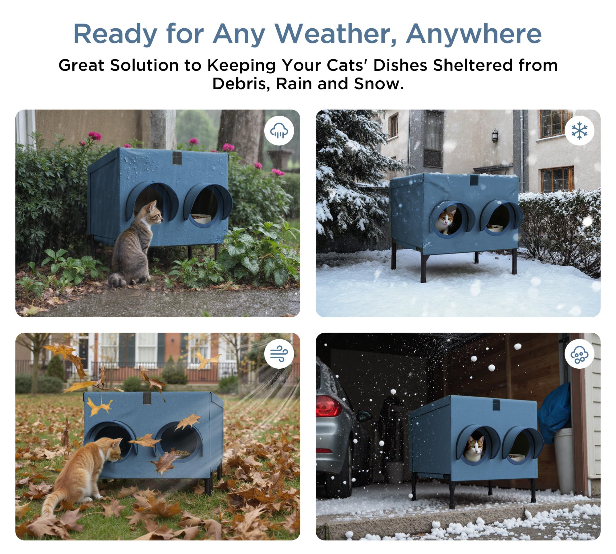 PELUMOZ connects to cat houses navy image shows modular feeding and shelter system integration.