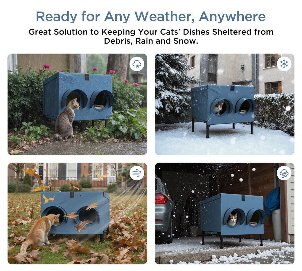 PELUMOZ connects to cat houses navy image shows modular feeding and shelter system integration.