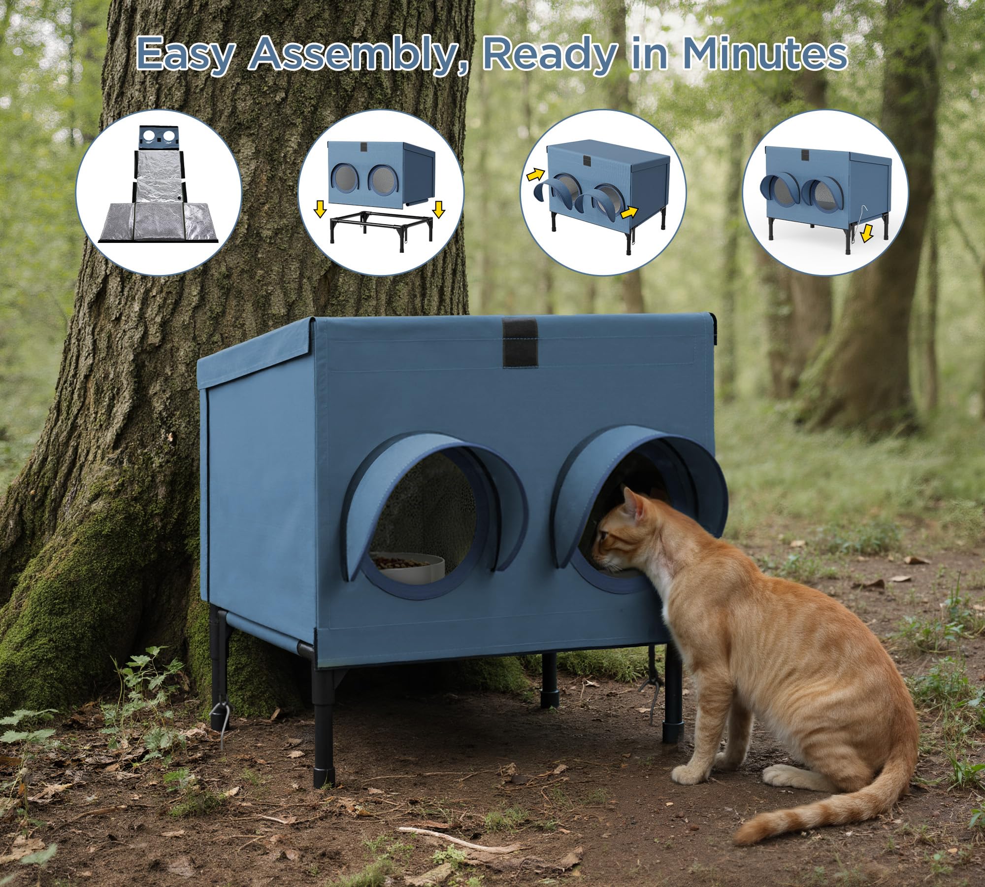 PELUMOZ dual-feed-hole design navy image highlights weather-protected meals for outdoor cats.