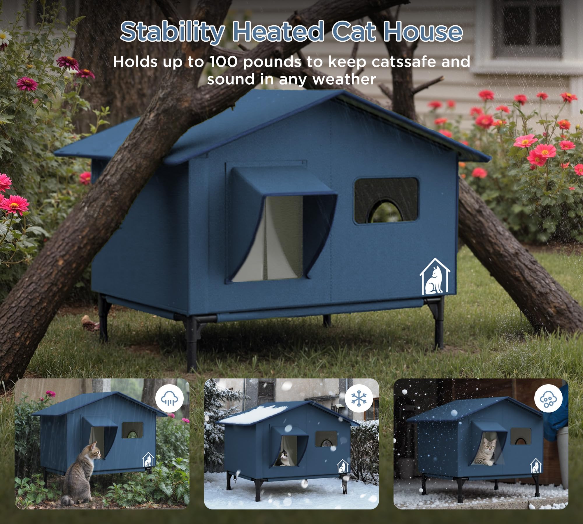 peluomoz extra-wide heated cat house blue finish pairs with feeding station