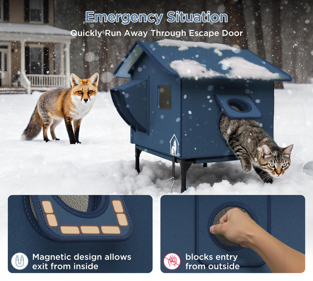 peluomoz extra-wide heated cat house dual escape doors ensure quick retreat safety