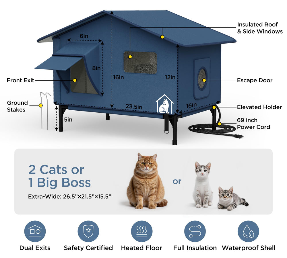 peluomoz extra-wide heated cat house reinforced frame protects cats