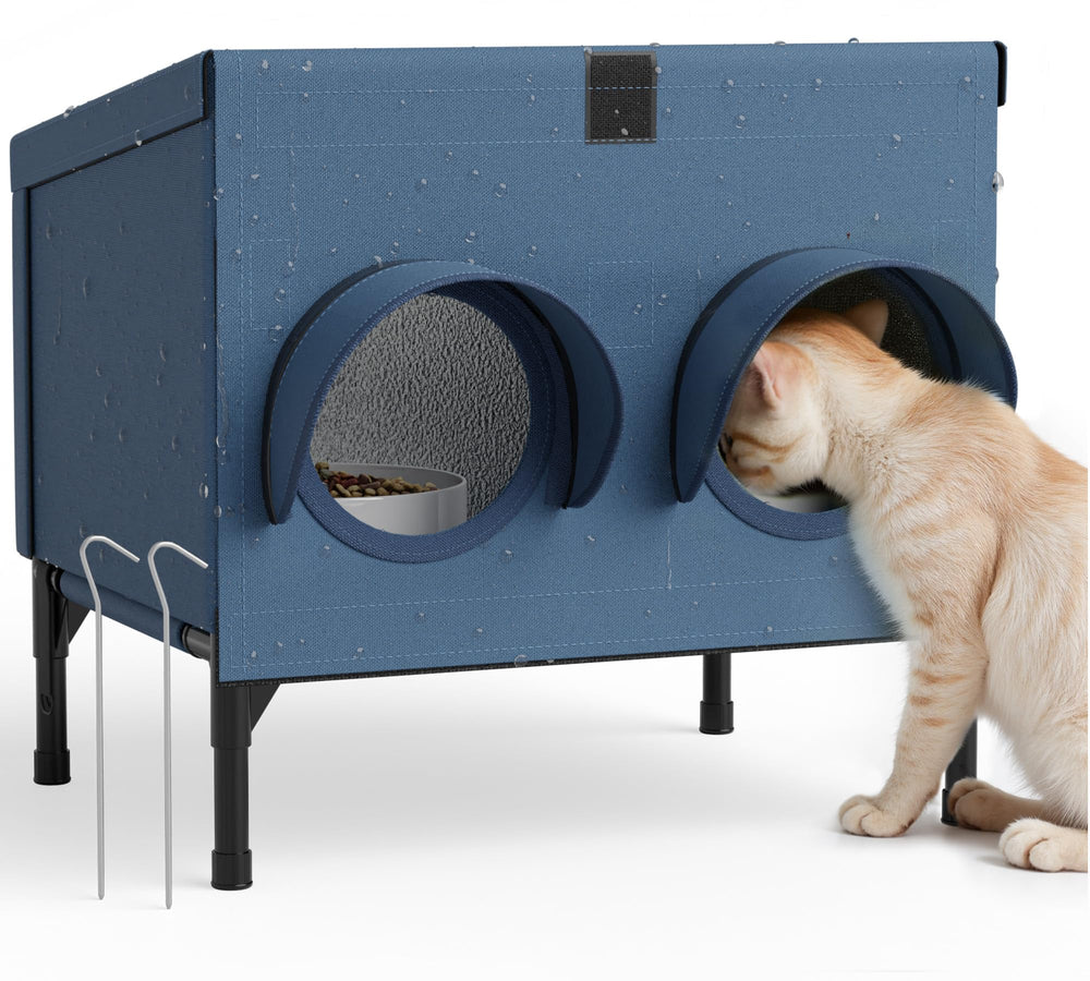 PELUMOZ outdoor cat feeding shelter navy front view shows spacious, dry dining space for feral cats.