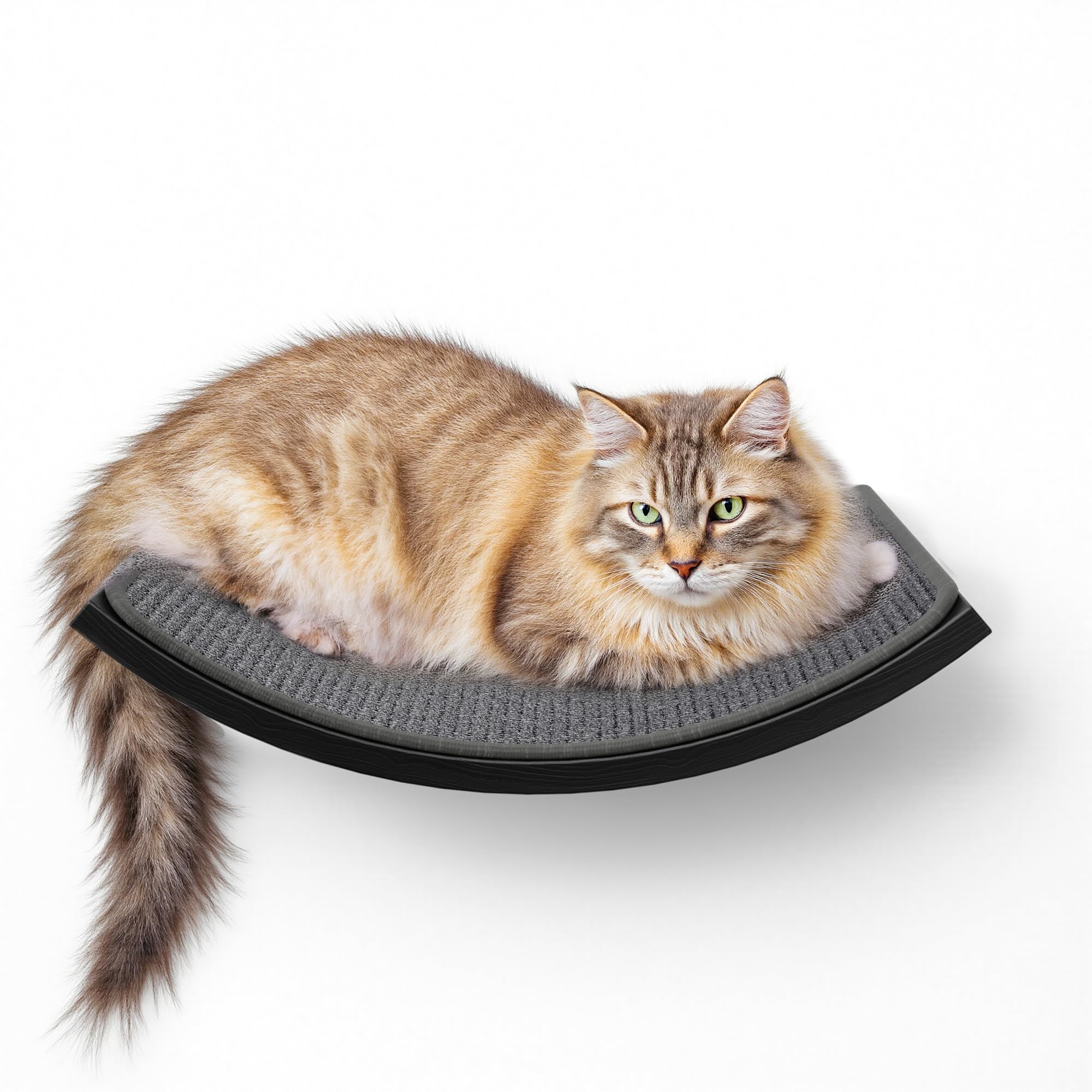 PEL UOMOZ wall-mounted curved cat hammock grey-sisal-pad offers space-saving comfort for indoor cats.