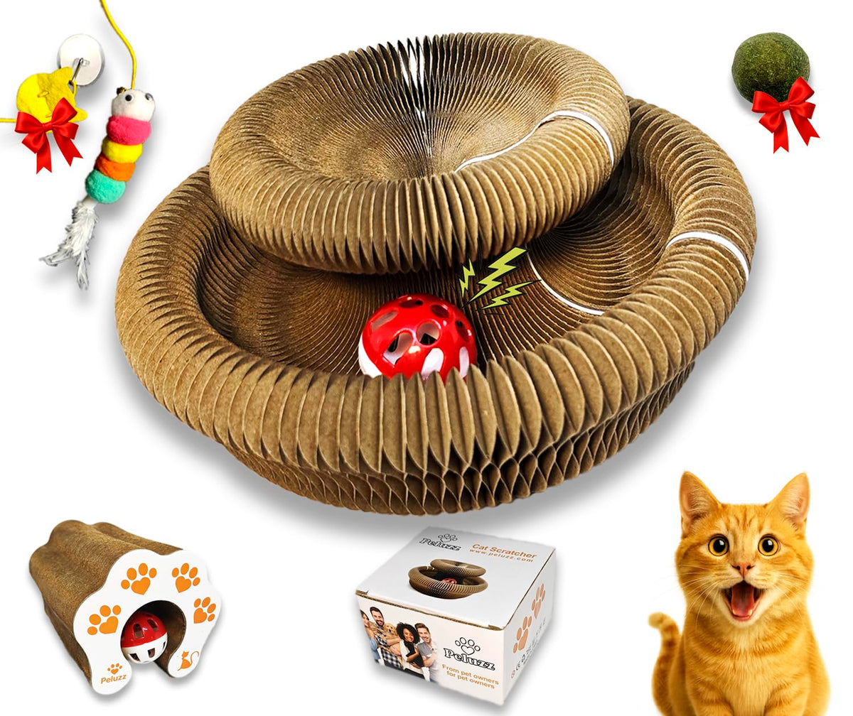 Peluzz Kitty Curls scratcher front view shows the magnet shifted design for furniture protection and play