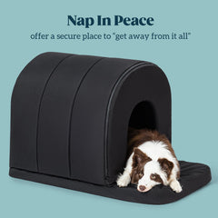 Pelzin dog house interior shows egg-crate foam for cradling comfort.