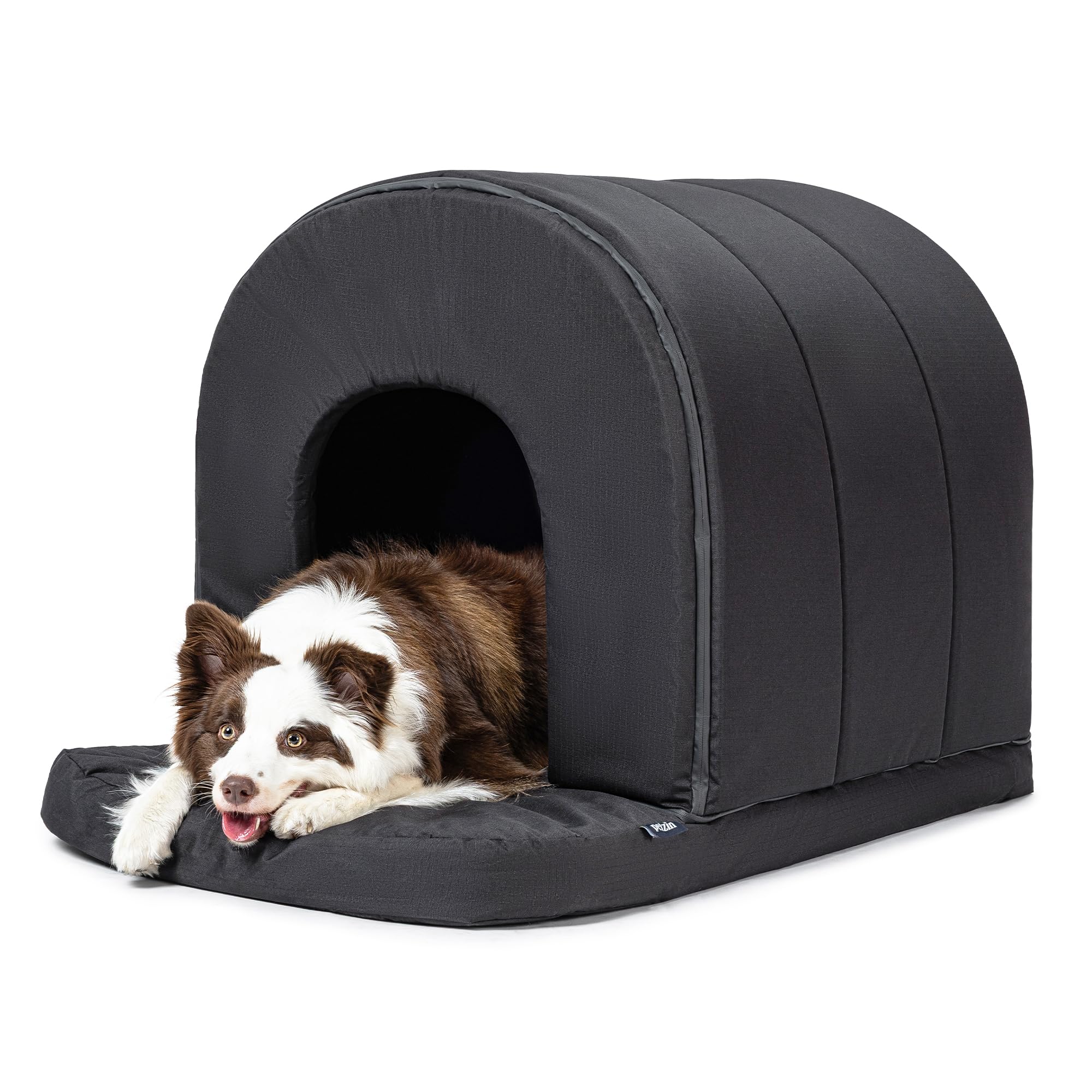 Pelzin orthopedic dog house on outdoor porch offers private retreat and cooling.