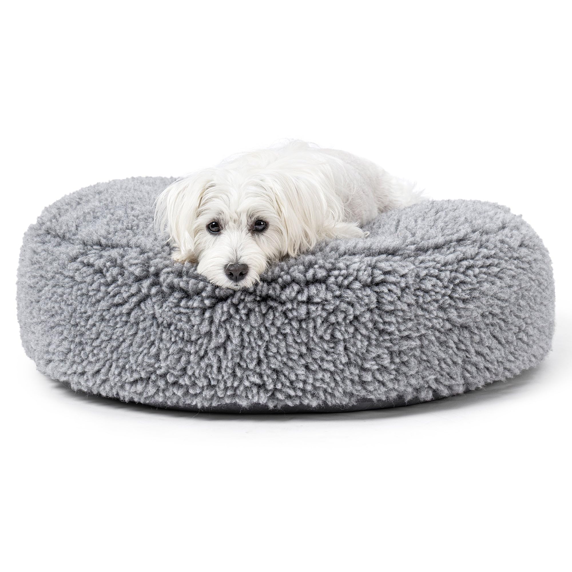 PELZIN Stoutwool round bed top view showing compact chew-resistant design for small dogs