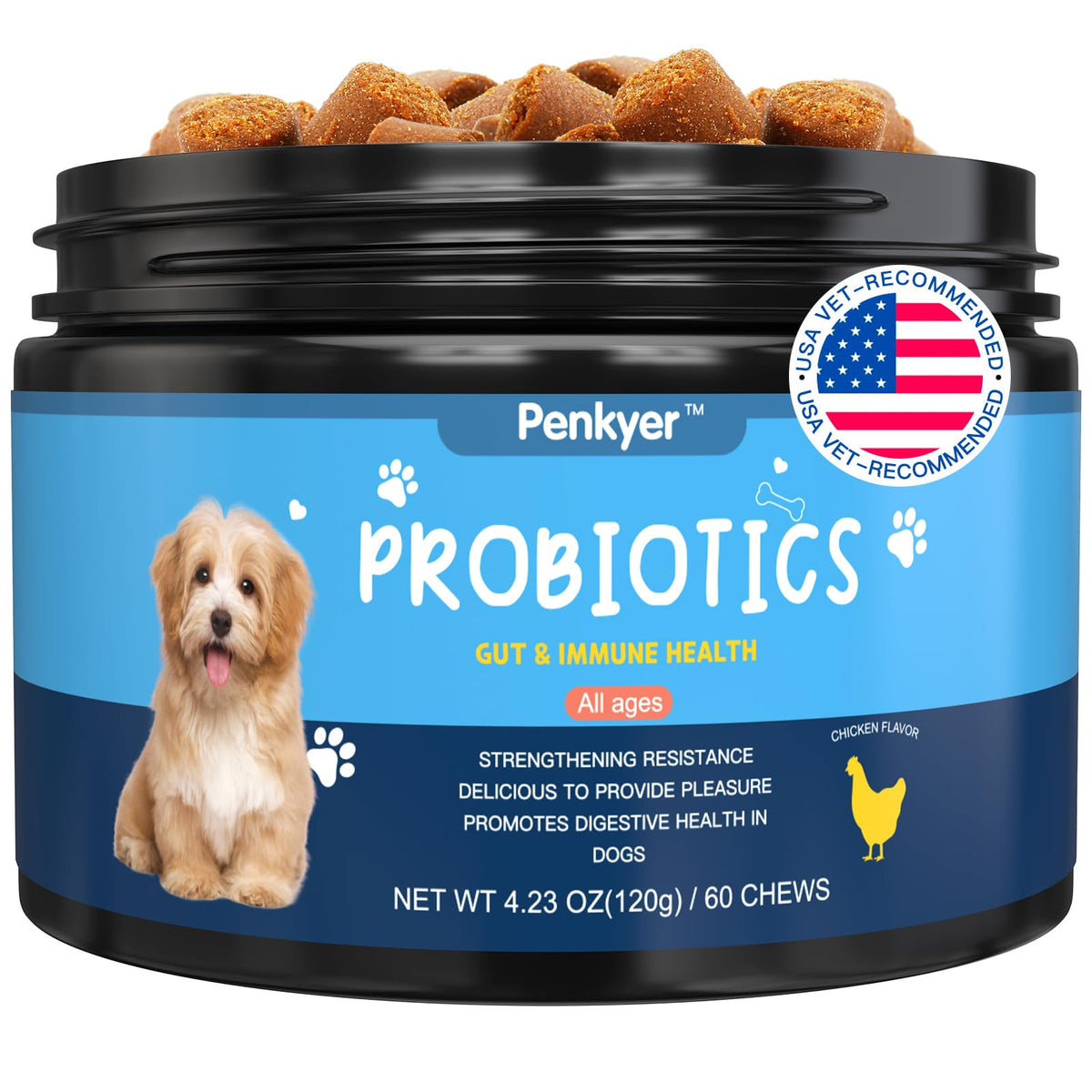 Penkyer Probiotics for Dogs bottle showing chewable formula for daily digestive support.