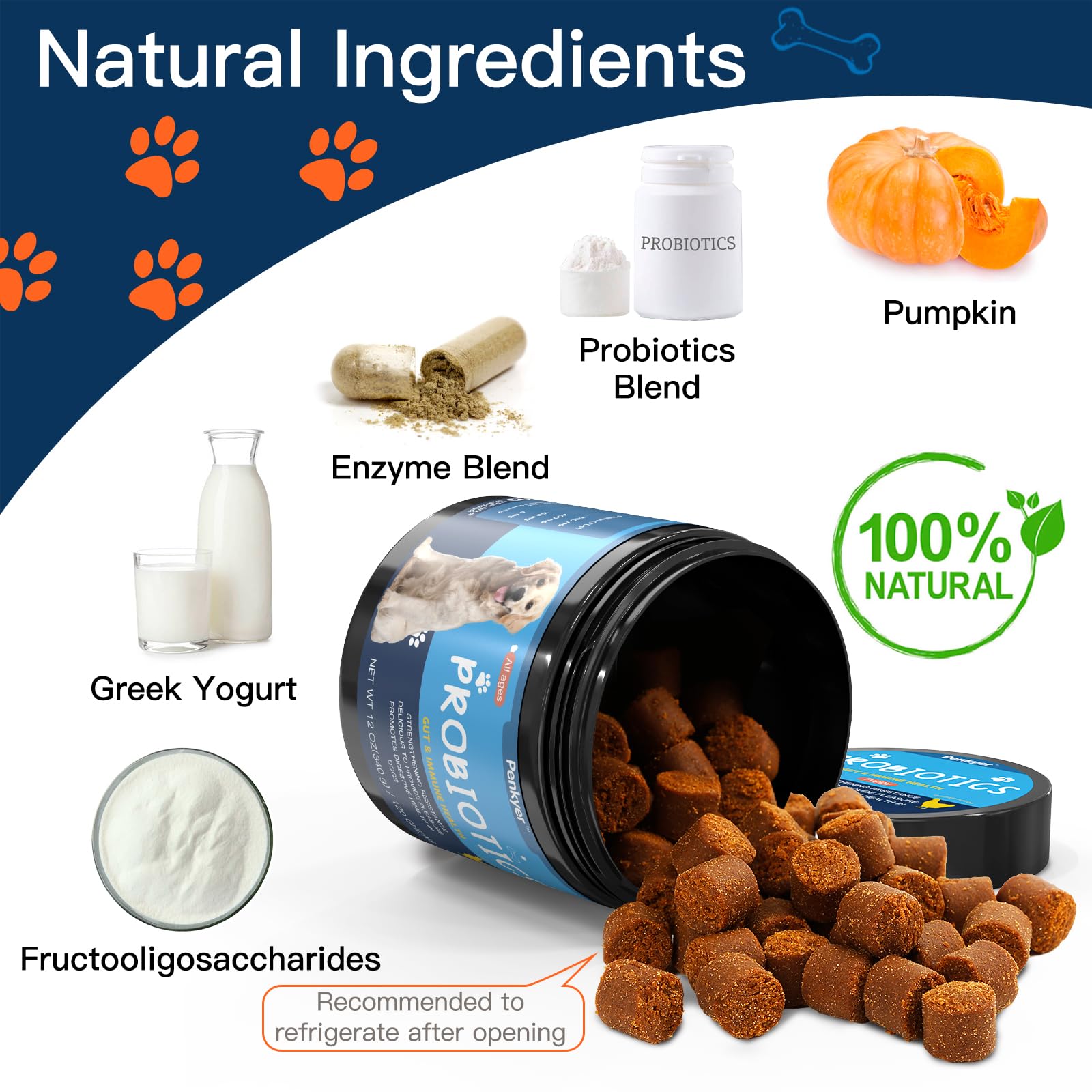 Penkyer Probiotics for Dogs ingredients label highlights 6B CFUs and enzymes.