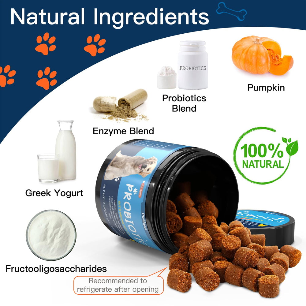Penkyer Probiotics for Dogs ingredients label highlights 6B CFUs and enzymes.