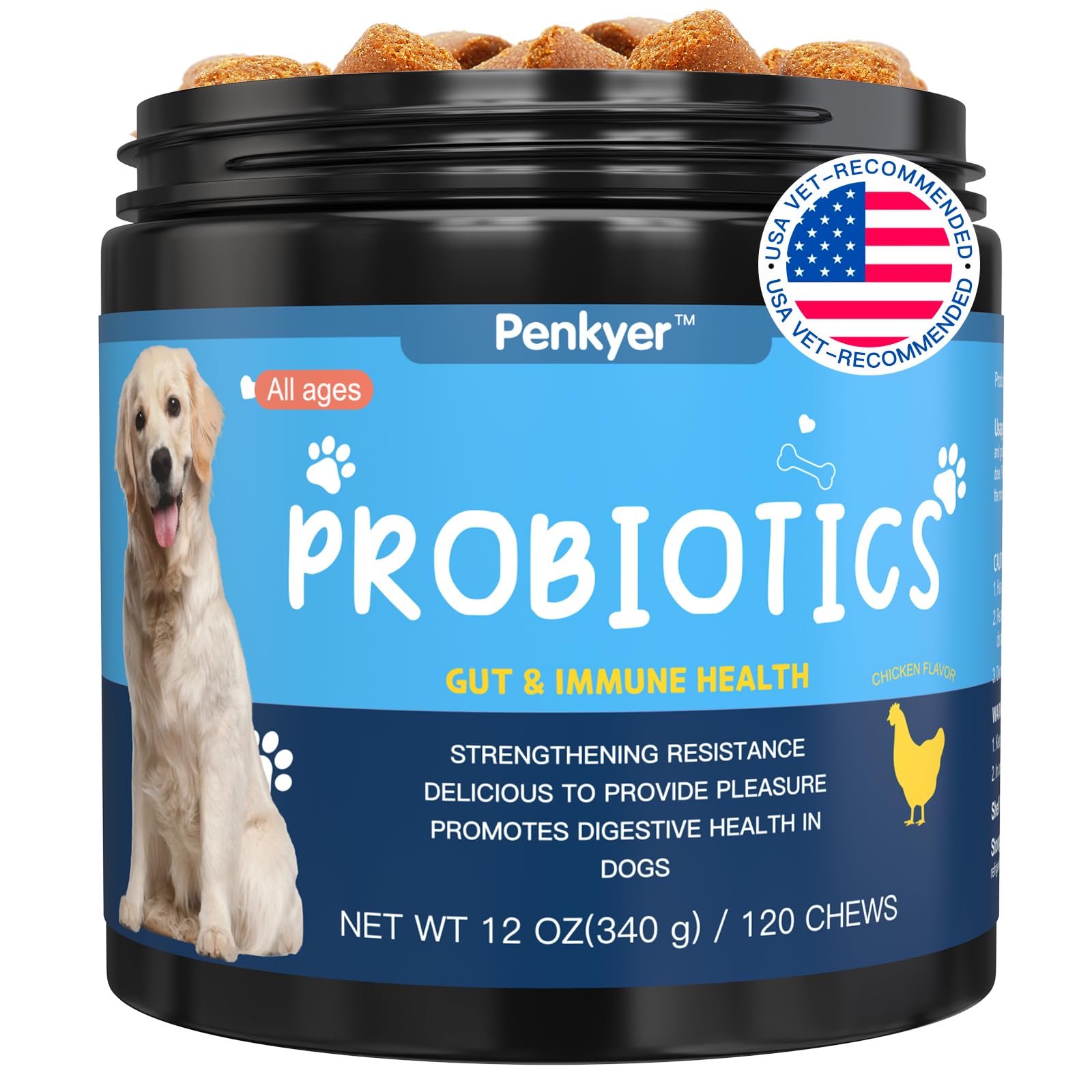 Penkyer Probiotics for Dogs jar 120ct supports digestive health.