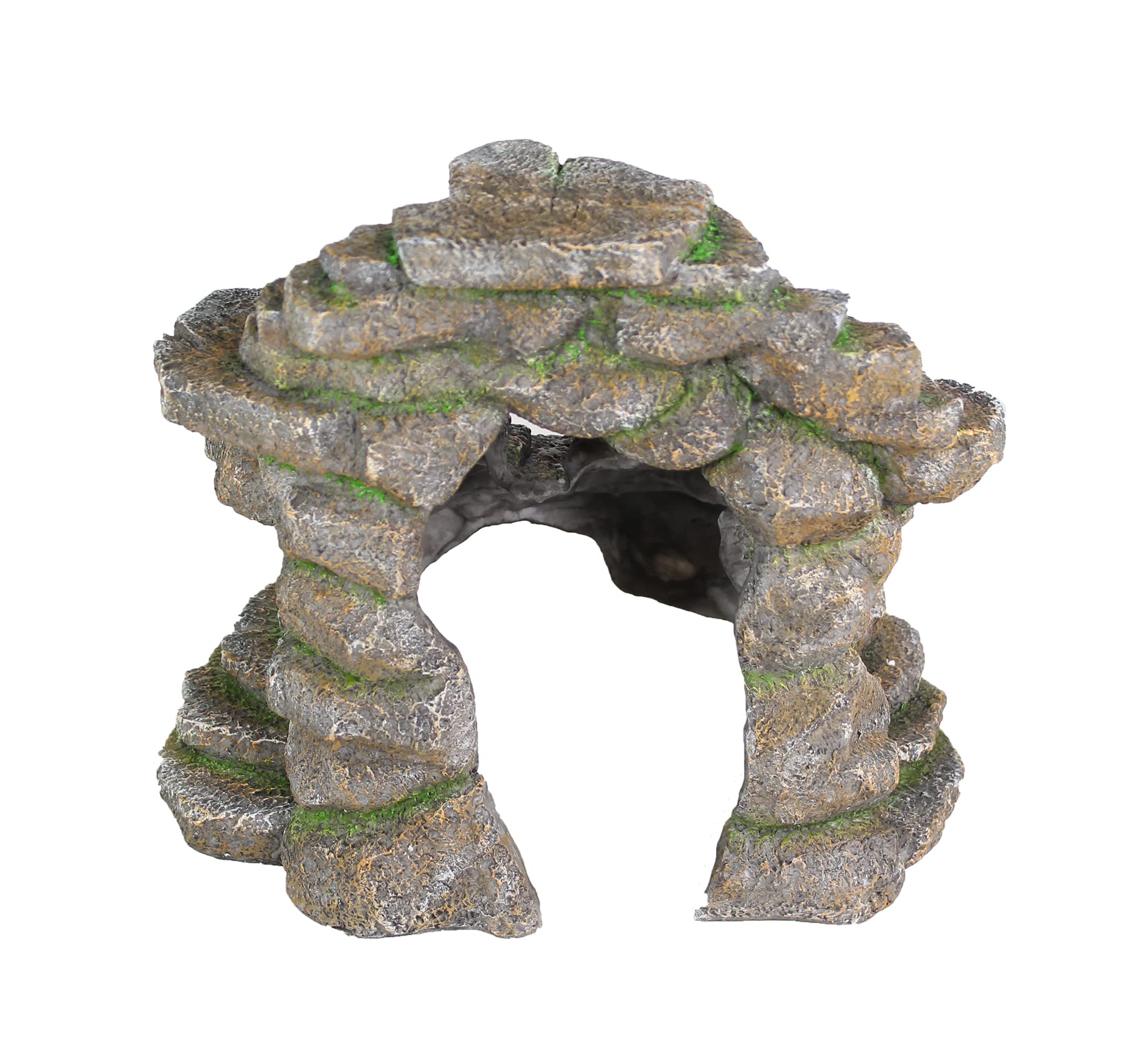 Penn-Plax Reptology Shale Scape Back Hole provides swim-through refuge for fish and axolotls.