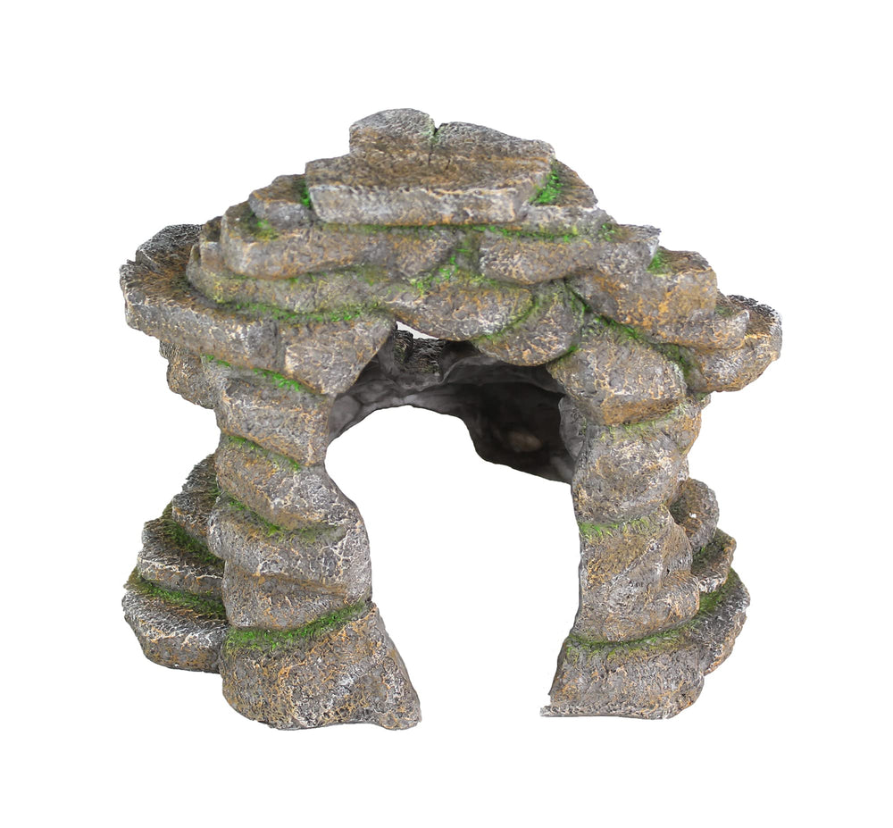Penn-Plax Reptology Shale Scape Back Hole provides swim-through refuge for fish and axolotls.