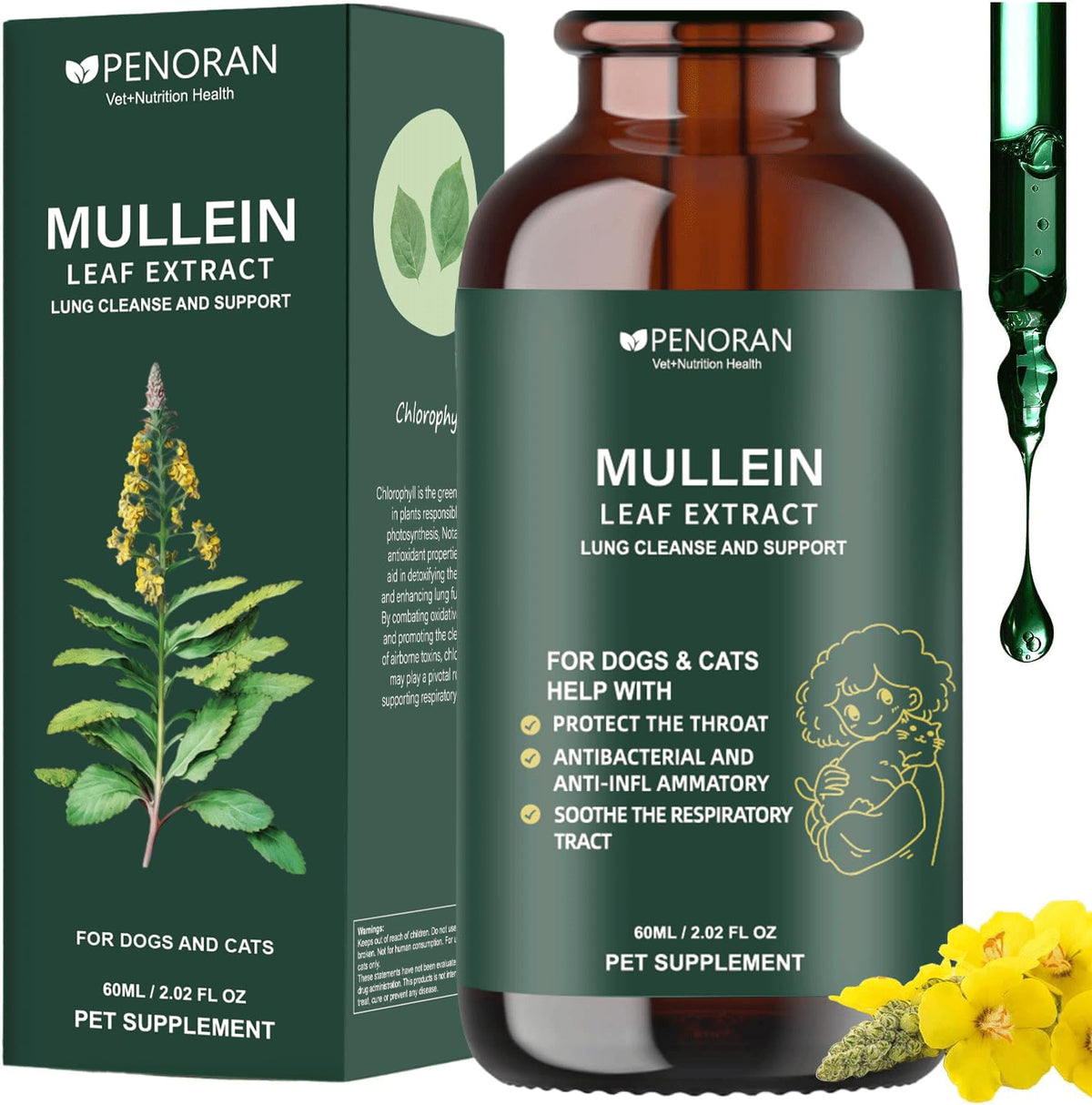 Penoran Pet Mullein Drops bottle pour for easy breathing support.