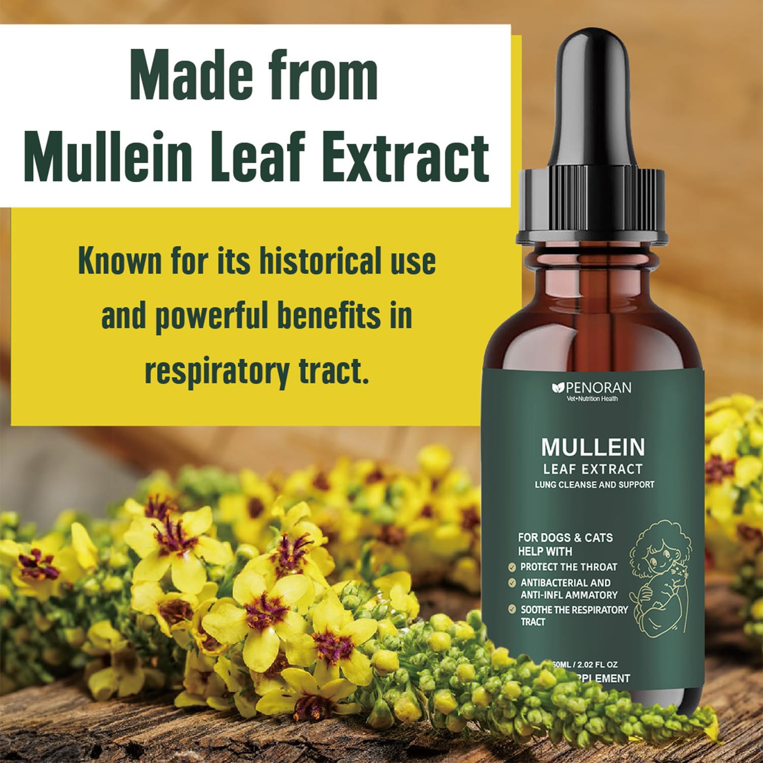 Penoran Pet Mullein Drops used with cat for throat comfort.